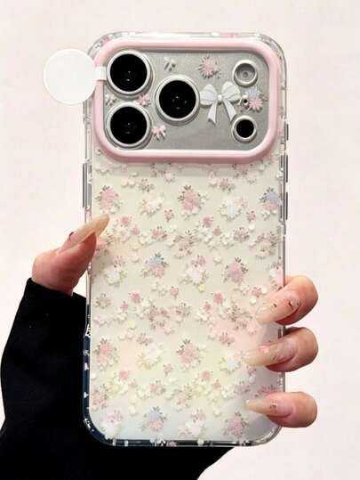 Fresh Cute Pink Floral White Background Bow Lens Painted Pattern Phone Case, Compatible With Iphone 18 17 Pro Max 16 15 Pro Max, Girly Heart Design, Spring Summer Shockproof Protective Shell