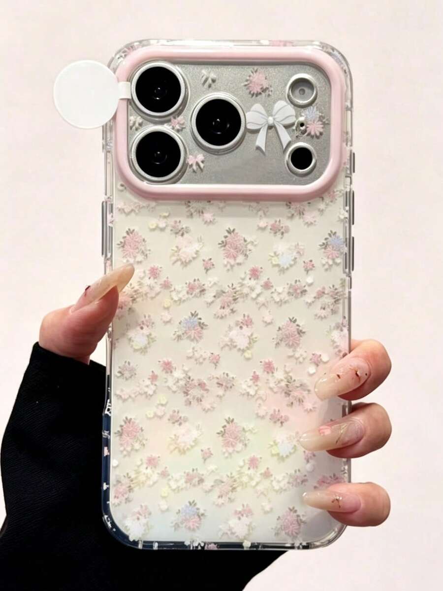 Fresh Cute Pink Floral White Background Bow Lens Painted Pattern Phone Case, Compatible With Iphone 18 17 Pro Max 16 15 Pro Max, Girly Heart Design, Spring Summer Shockproof Protective Shell - Pink - View 1