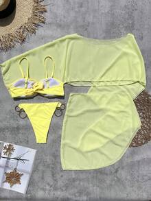 女款夏季海灘純色性感比基尼三角內褲兩件式泳衣套裝，附遮陽上衣與迷你裙 - 黃色 - 查看 3