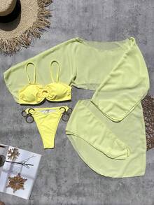 女款夏季海灘純色性感比基尼三角內褲兩件式泳衣套裝，附遮陽上衣與迷你裙 - 黃色 - 查看 2