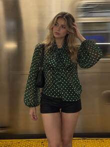 MUMRAP Women's Fashion Spring Casual Bowknot Polka Dot Loose Fit Elegant Long Sleeve Blouse - Dark Green - View 6
