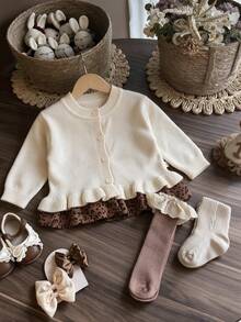 Baby Girl Korean Style Autumn Fashion Gentle Ruffle Knit Cardigan, Vintage Autumn Outfit Brown Leopard Print Patchwork Long Sleeve Jacket For Outings - Apricot - View 9