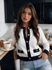 FOR BEAUTY 女款秋冬對比色拼接單排扣針織開襟衫，長袖上衣，時尚極簡風，秋季襯衫 - 杏色拼黑色 - 查看 10