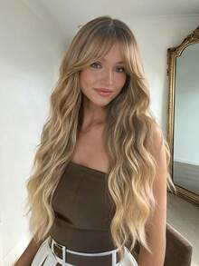 Women's 26 Inch Long Wavy Curly Wig With Curtain Bangs, Natural Dark Brown Synthetic Fiber Hair, Suitable For Daily Wear, Beginner Friendly, Heat Resistant Fashionable Style, Glue-Free Ready To Wear - Multicolor - View 11