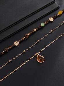 3pcs Bohemian Style Stone Beaded Necklace, Water Drop Shaped Gemstone Pendant Necklace Set, Exquisite Unique Jewelry, Gift For Men - Yellow Gold - View 4