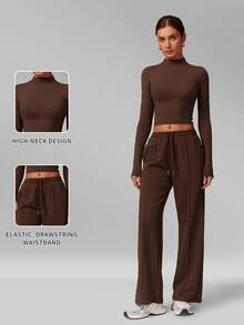 MFVIM Women's Autumn/Winter New Fitted Top + Wide Leg Pants 2-Piece Set, Versatile Soft Fabric - Coffee Brown - View 3