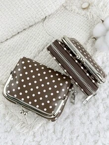 Women's Polka Dot Printed Double Zipper Credit Card Storage Bag, Simple Casual Multi Card Clip, Detachable For Use, Multi-Purpose Card Bag - Coffee - View 4