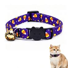 1pc Halloween Candy Corn Print Cat Safety Buckle Collar With Bell Small Pet Decorative Neckband - Purple - View 7