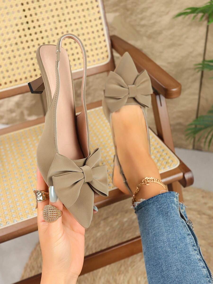 French Style Bow Pointed Toe Closed Toe Sandals For Women Summer Outdoor Wear Thin Heel High Heels - Khaki - View 1