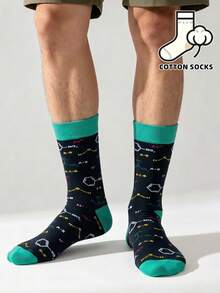 1 Pasang Kaos Kaki Boat Bermotif Molekul & Rumus Kimia yang Menarik, Manset & Ujung Kaki Warna Hijau Mint Kontras, Kaos Kaki Katun Lembut Sepanjang Betis untuk Pria - MultiWarna - View 3