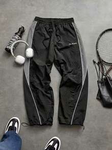 Black & Grey Colorblock Techwear Cargo Pants For Men, Elastic Drawstring Waist, White Trim Hem Design, Small Logo Print, Loose Straight Leg Wide Leg Pants, Versatile For Daily Wear And Sports, Unisex - Black - View 5