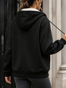 Women's Thick Fleece Lined Hooded Zip-Up Sweatshirt, Solid Black Minimalist Casual Versatile Winter Jacket - Black - View 3