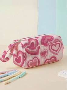 1pc Pink Love Print Corduroy Foldable Pencil Case With Side Pocket & Handle, Multi-Use Bag For School & Travel Essentials - Rose Red - View 1