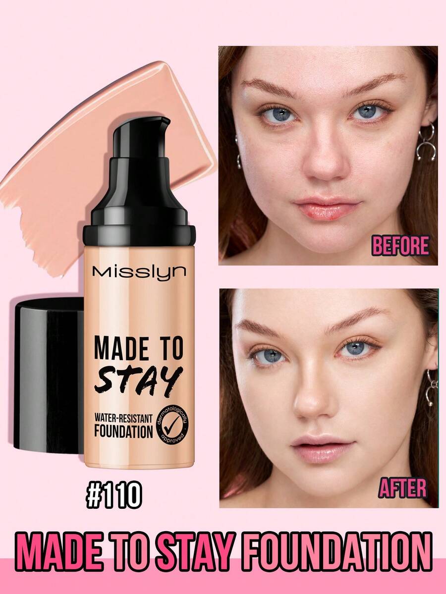 MISSLYN 1Pc Made To Stay Water-Resistant Foundation, High Coverage Cream Foundation, Long-Lasting Smudge-Proof, Face Liquid Foundation & Concealer, Daily/Party/Y2K, Glass Skin/Natural Glow/Soft Glam, Foundation, Halloween Makeup