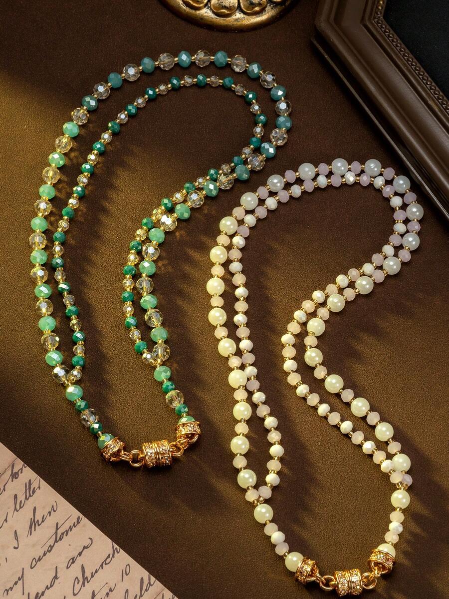 1pc Fashionable Novel Design Middle Eastern Bohemian Style 2-Layer Stacked Glass Mixed Beaded Necklace, Elegant Luxury Original Design Personalized Fashion Necklace, Suitable For Daily Wear, Party, Banquet And Holiday Celebrations - Necklace - View 1