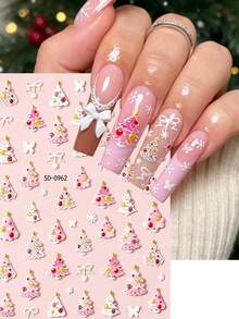 1pc 5D Christmas Nail Stickers Kawaii Embossed Pink And White Gradient Christmas Tree/Snowflake Bow Nail Decals,DIY Winter Xmas Manicure Decor - Multicolor - View 2
