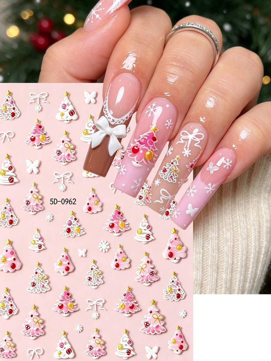 1pc 5D Christmas Nail Stickers Kawaii Embossed Pink And White Gradient Christmas Tree/Snowflake Bow Nail Decals,DIY Winter Xmas Manicure Decor