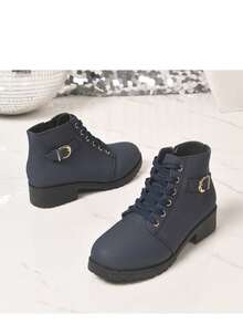 Navy Blue Chunky Heel Ankle Boots For Women, Lace-Up Side Zipper Buckle Thick Sole Anti-Slip Commuter Boots - Navy Blue - View 5