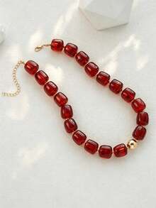 2/1pc Vintage Minimalist Casual Style Women's Green And Red Acrylic Beaded Necklace Set, Suitable For Daily, Vacation And Party Wear, Holiday Gift - Multicolor - View 5