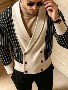 男士復古大翻領雙排扣針織開襟衫，對比色垂直條紋V領寬鬆休閒毛衣外套 - 黑色 - 查看 3