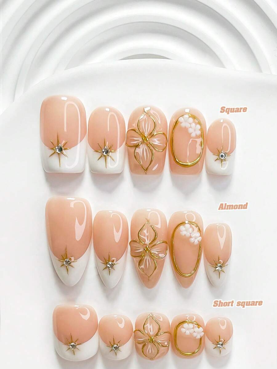 10件組秋季復古法式手工穿戴甲,Polygel美甲套組,花卉白色指甲油,平價奢華風,3種尺寸可選,方型/短方型/杏仁形,適合派對、跳舞、日常配戴(手工細節可能有所不同) - 彩色 - 查看 1