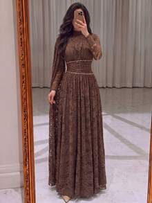 Romantic Women's Long Sleeve Lace Formal Dress, Stand Collar, Asymmetrical Pleated Details, Suitable For Elegant Evening Events - Coffee Brown - View 5