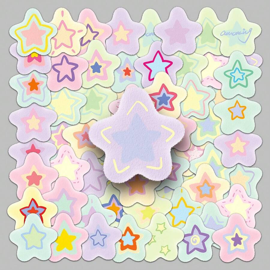 50pcs Macaron Color Star Stickers, Cute Japanese Style Colorful Five-Pointed Star Stickers, Hand-Drawn Soft Tone Waterproof Vinyl Stickers, Suitable For Planner, Water Bottle, Laptop, Luggage DIY Decoration