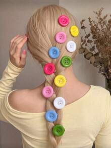6pcs/12pcs Women's Candy Color Large Round Button Hair Clips, Y2K Cute Dopamine Bright Color Single Button Side Clips, Sweet Girl Bangs Hair Accessories, Suitable For Versatile Daily Broken Bangs Hairstyles - Multicolor - View 2