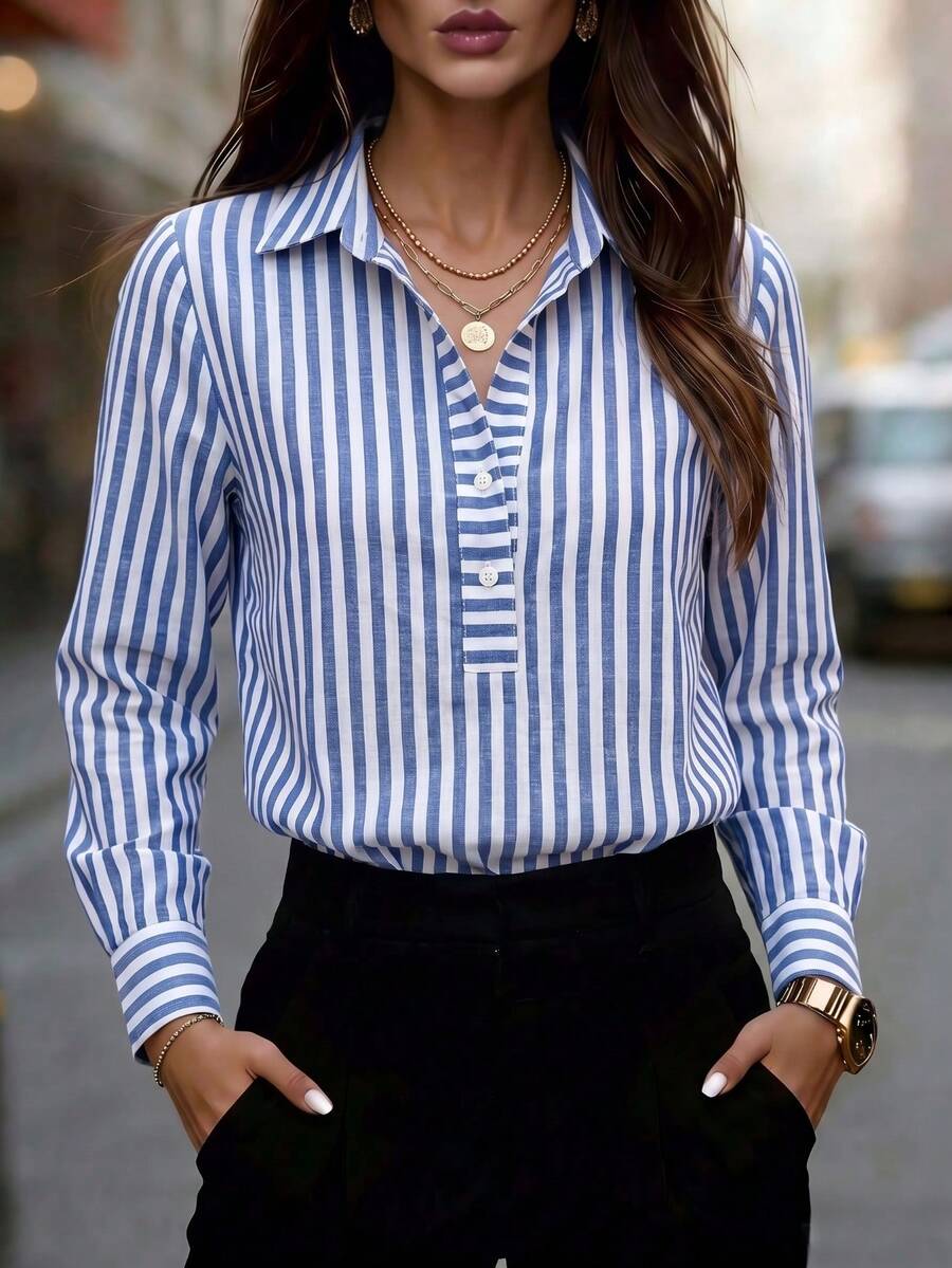 Women's Blue And White Striped Long Sleeve Button Detail Lapel Collar Shirt, Casual Elegant, Suitable For Home, Office, Commute, Daily Wear, All Seasons - Light Blue - View 1
