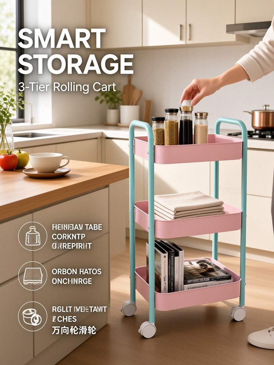3-Tier Iron Storage Cart, Cream Yellow Kitchen Storage Trolley, With Universal Wheels Movable, Electrostatic Spray Coating Odorless And Non-Peeling, 4-Layer Large Capacity Divided Storage, Multi-Use For Kitchen Bathroom Laundry Room Living Room, Height 78cm Lightweight And Easy To Push, Combines Aesthetics And Practicality, Home Mobile Storage Essential - Multicolor - View 1