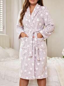Plus Size Women's V-Neck Long Sleeve Flannel Thickened Robe Autumn Winter Elegant Heart Pattern With Waist Tie Loungewear - Grey - View 5