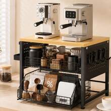 2026 Neuheit Dreistufiger Kaffee Organizer für Küche, Kaffeestation mit Walnuss Echtholzoberfläche, 5 Metall-Schubkörben und seitlichem Tablett, Multifunktionaler Aufbewahrungsständer für Kaffeemaschine, Tassen, Gewürze, Teezubehör - Verschiedenfarbig - Übersicht 10