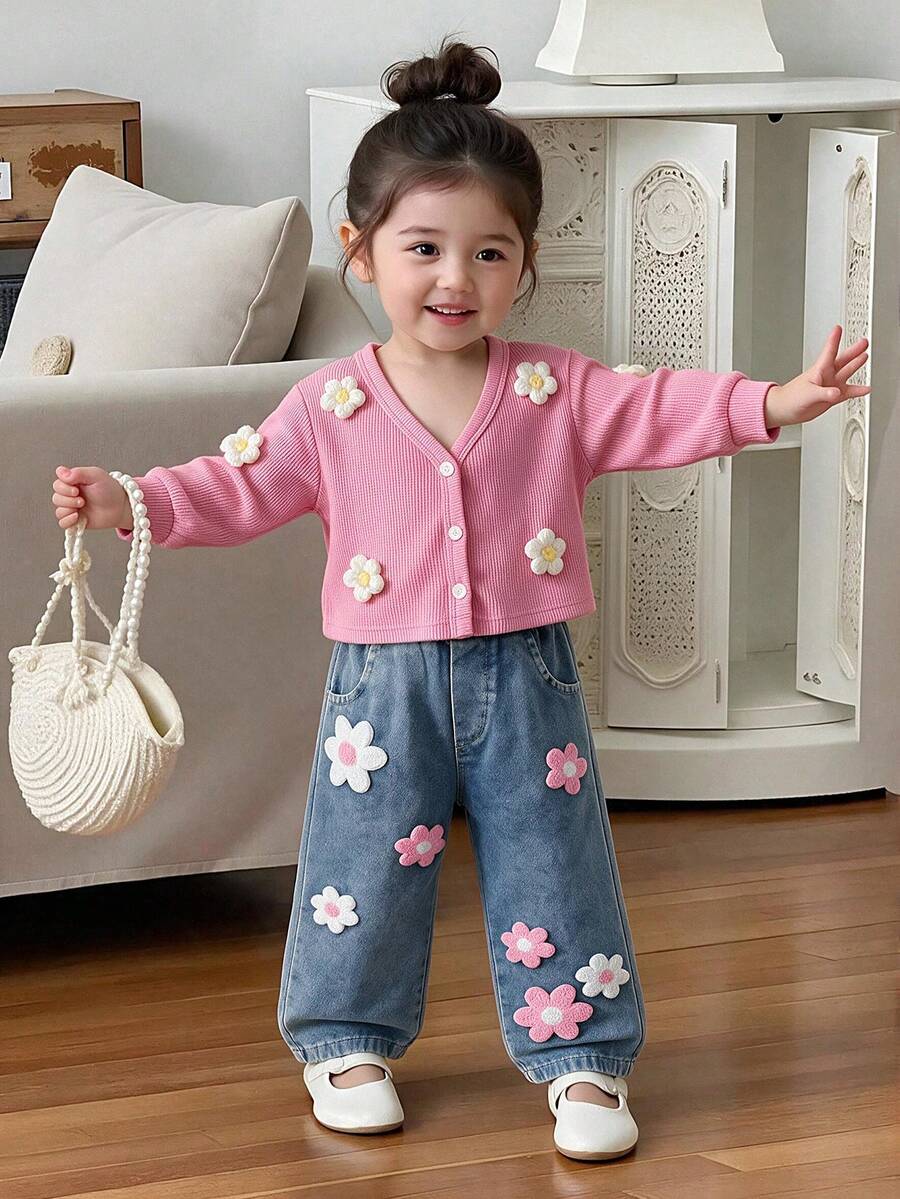 2pcs Baby Girl Cute Sweet Style 3D Towel Embroidery Floral Decor Ribbed V-Neck Cardigan Top & Washed Denim Patchwork Straight Leg Pants Set, Spring/Autumn - Mauve Purple - View 1