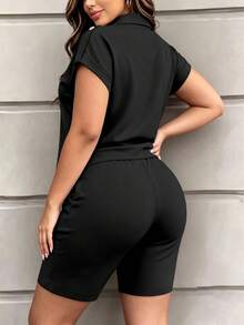 Women's Spring Summer Autumn Casual 2 Pieces Set, New Fashion Solid Short Sleeve Top With Heart Brand Print Shorts, Spring Break Outfit Black Elegant - Black - View 4