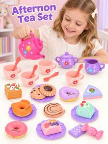 Children's Tea Party Set 27 Pieces Afternoon Tea Set Kitchen Role Play Toys Teapot Teacups Desserts Cake Christmas Gift For Girls - Multicolor - View 3