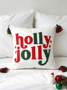 1pc "Holly Jolly" Christmas Throw Pillow Cover – Red, White, And Green Color-Block Tassel Cushion Cover – Festive Decor For Living Room Sofa (Cover Only, No Insert) – Machine Washable – Hidden Zipper Design - Multicolor - View 1