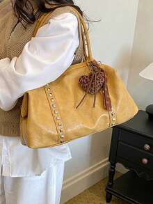 Women Retro Large Capacity Shoulder Bag, Letter Embossed Rivet Decor Hobo Handbag With Leopard Heart Pendant, Casual Commuter Underarm Tote Bag - Yellow - View 4