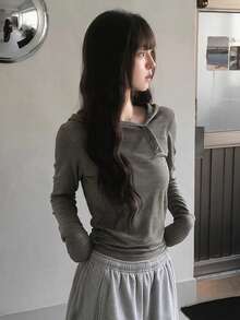 Korean Style Early Spring Versatile Retro Minimalist Design Asymmetric Button Slim Fit Flattering Hooded T-Shirt Top - Dark Grey - View 1