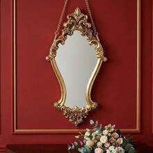 1PC European Vintage Style Gold Classical Floral Pattern Decorative Wall Mirror, Wooden Material Wall-Mounted Makeup Mirror, Indoor Cozy Wall Decor Home Art Hanging Mirror, Mid-Century Chain Hanging Decorative Mirror, Suitable For 3D Wall Decor, Wedding Room Wall Hanging, Bedroom Makeup Mirror, Entryway Wall Hanging, Fireplace Decoration, Housewarming Soft Furnishing Gift - A - View 4