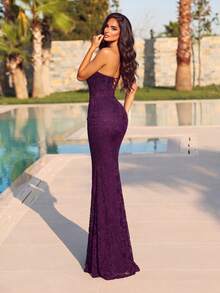 Women's Romantic Sleeveless Lace Bandeau Maxi Dress, With Corset Design And Fashionable Thigh Slit, Suitable For Evening Party - Purple - View 2