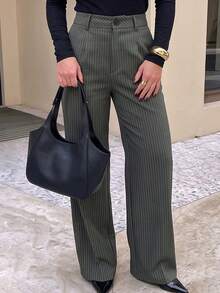 Women's Vintage Pinstripe Wide Leg Trousers, High Waist Drapey Straight Leg Flare Pants, Slimming And Height-Enhancing Leg-Flattering Design, Versatile Casual Pants For Commute And Workplace, Spring/Autumn New Elegant Loose Suit Pants, Simple All-Match Style For Daily Wear - Multicolor - View 4