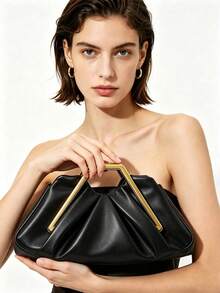 Light Luxury Ruched Clutch Bag With Geometric Metal Frame Handle, Natural Gathered Body With Smooth Fluid Silhouette, Compact Design For Carrying Personal Essentials, Suitable For Evening Parties And Dates, Creating An Elegant And Sophisticated Outfit Vibe - Black - View 4