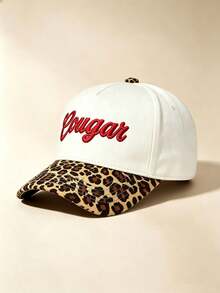 1pc Unisex Two-Tone Curved Brim Baseball Cap, Cougar Embroidery, Leopard Print & Contrast Brim, Adjustable, Style For Daily, Street & Travel - Multicolor - View 3