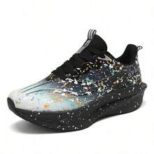 Sepatu Olahraga Pria dan Wanita Ukuran Besar Motif Abstrak Bercak Tinta, Permukaan Rajutan Gradien Pudar, Bertali, Sol Tebal Berkontur, Sepatu Sneaker Cross-Train Bergaya - Hitam - View 11