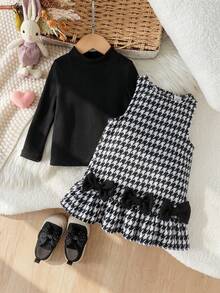 2pcs Baby Girl Classic Elegant Solid Color Small Stand Collar Long Sleeve Base Layer & Houndstooth Bow Hem Tank Dress Set, Spring/Autumn - Black - View 4