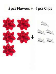 Glitter Poinsettia Christmas Tree Decoration Set - Suitable For Christmas Wreaths, Party Decor, Home Styling, Holiday Celebrations, And Gift Box Embellishments. - Dark Red - View 13