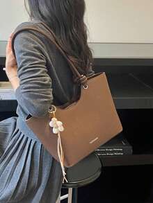 Tas Tote Bertekstur Elegan dengan Detail Pegangan Simpul, Dekorasi Liontin Bunga Rajutan yang Lucu, Tas Bahu Wanita Kapasitas Besar untuk Perjalanan Sehari-hari - MultiWarna - View 3