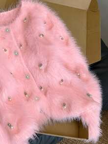Women's Elegant Knit Cardigan, Solid Color Fine Wool Ribbed Pearl Trim, Casual Autumn/Winter - Pink - View 3