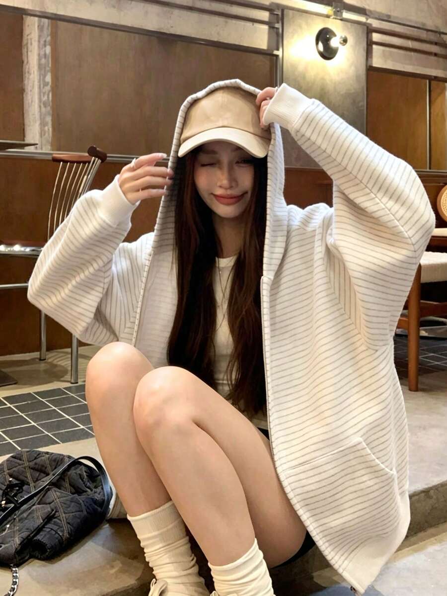 女款秋季美式復古寬鬆慵懶條紋長袖運動衫外套上衣 - 白色 - 查看 1
