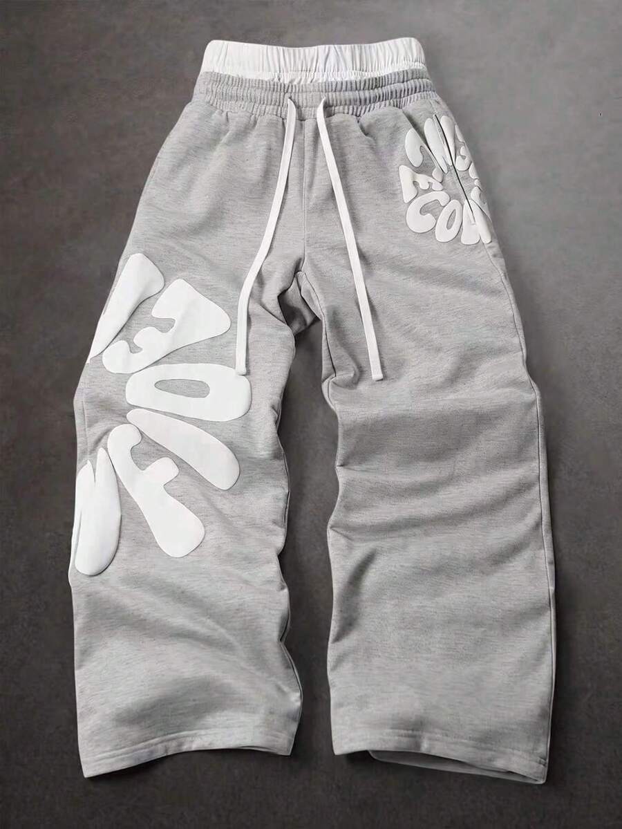 Suitable As A Father's Day Gift, Men's Casual Sports Straight Leg Pants, Drawstring Waist, Polyester Material, Leisure Long Pants, Available In Multiple Colors, Unisex Design - Light Grey - View 1